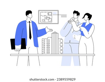 Design development abstract concept vector illustration. Professional architects discuss commercial building design in office, construction planning, 3d model of real estate abstract metaphor.