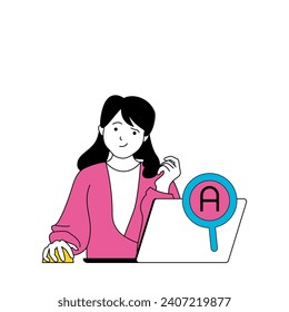 Design development concept with cartoon people in flat design for web. Woman finding inspiration online, brainstorming and researching. Vector illustration for social media banner, marketing material.