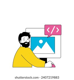Concepto de desarrollo de diseño con caricaturas en diseño plano para web. Hombre programando y trabajando con contenido de imágenes digitales. Ilustración vectorial para banner de medios sociales, material de marketing.