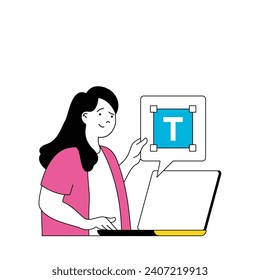 Design development concept with cartoon people in flat design for web. Woman working with layouts and homepages, creating elements. Vector illustration for social media banner, marketing material.