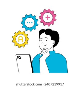 Design-Entwicklungskonzept mit Cartoon-Leuten in flachem Design für Web. Man Engineering und Programmierung, macht Optimierungseinstellungen. Vektorgrafik für Social-Media-Banner, Marketingmaterial.