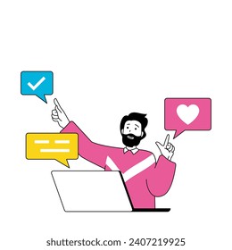 Design development concept with cartoon people in flat design for web. Man creating templates and layouts, getting user feedback. Vector illustration for social media banner, marketing material.