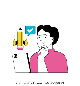 Design development concept with cartoon people in flat design for web. Man drawing trendy visualizations and digital graphic content. Vector illustration for social media banner, marketing material.