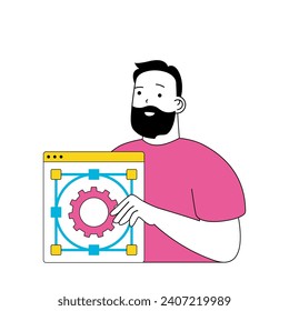 Design development concept with cartoon people in flat design for web. Man programming and engineering, settings interface layout. Vector illustration for social media banner, marketing material.