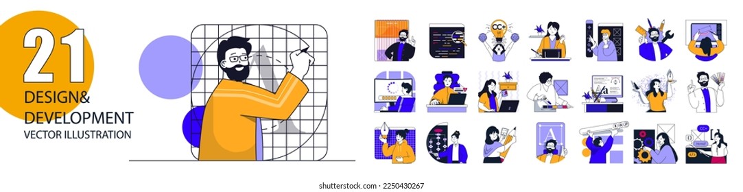 Design and development concept with character situations collection. Bundle of scenes people of making programs and software, coding, seo and digital marketing. Vector illustrations in flat web design