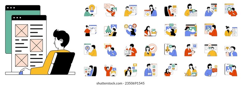 Design and development concept with character situations mega set. Bundle of scenes people creating images and digital drawing content, programming and other. Vector illustrations in flat web design