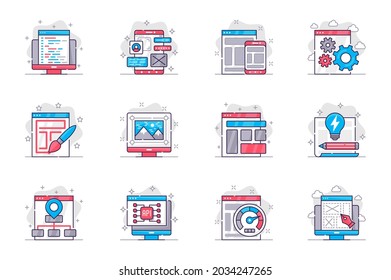 Design and development concept flat line icons set. Website creation and optimization. Bundle of code, layout, settings, structure, api, other. Vector conceptual pack outline symbols for mobile app