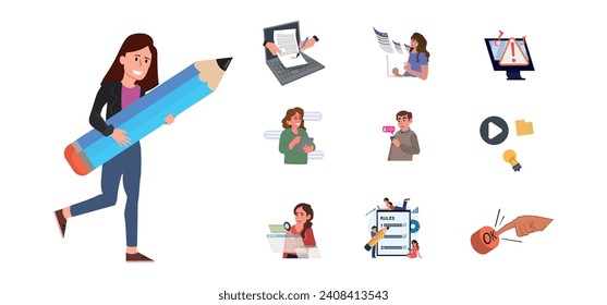 Illustrationen zu Design- und Entwicklungskonzepten. Gruppe von Menschen Vektorgrafiken in verschiedenen Aktivitäten der Grafik- und Web-Design und Entwicklung, soziale Medien, kreative Prozesse, App-Entwicklung.