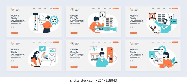 Design development concept of landing page with slide templates set in flat design. Website headers with people create interface layout, select colors and fonts for homepage. Vector illustrations.
