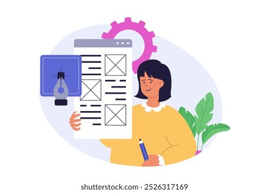 Conceito de desenvolvimento de design em design plano moderno para web. Layout de construção de mulher, colocação de blocos de conteúdo no modelo, trabalho com ferramentas do Illustrator, criação de gráficos e fontes. Ilustração vetorial.