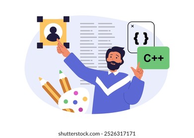 Design development concept in modern flat design for web. Man creating homepage template, coding and programming, placing text and content, brainstorming and finding improvement. Vector illustration.