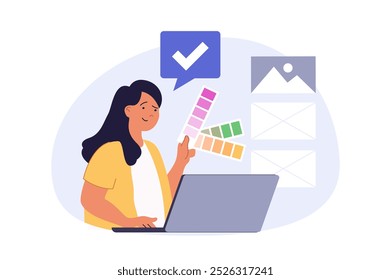 Design development concept in modern flat design for web. Woman brainstorming and selecting colour swatches in palettes, creating images, building layout and working at laptop. Vector illustration.
