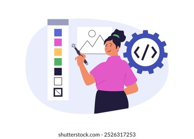 Conceito de desenvolvimento de design em design plano moderno para web. Mulher prototipando layout de wireframe, codificação, seleção de amostras de cores, criação de conteúdo gráfico para modelo de homepage. Ilustração vetorial.