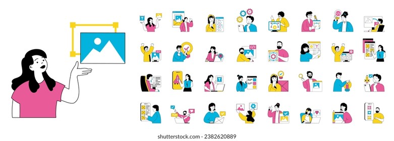 Design and development concept with people situations mega set in flat web design. Bundle scenes of graphic designing and coding. Vector illustrations for social media banner, marketing material.