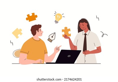 Design and development. Concept of programmers developers or designers working in office of company. Flat cartoon vector illustration.