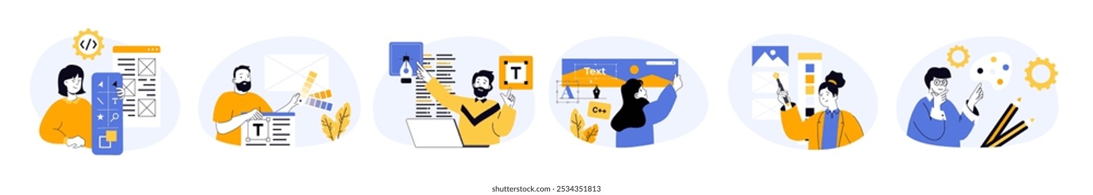 Design development concept set with characters in flat design for web. People prototyping and coding layouts, selecting colour palettes, placing content, creating graphics. Vector illustrations.