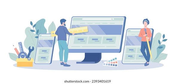 Design and Development. Designers working on ui ux design website or application. Studio or agency prototyping or coding web page or mobile app. Vector illustration with character situation for web.