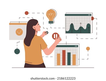 Design and development. Girl analyzes graphs and charts, work with statistics and analytical department. Information and preparation of slides for presentation. Cartoon flat vector illustration