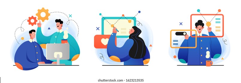 Design and Development illustrations. Collection of concept illustrations with Programmers and designers working in a company office. Perfect for web design, banner, mobile app, landing page.