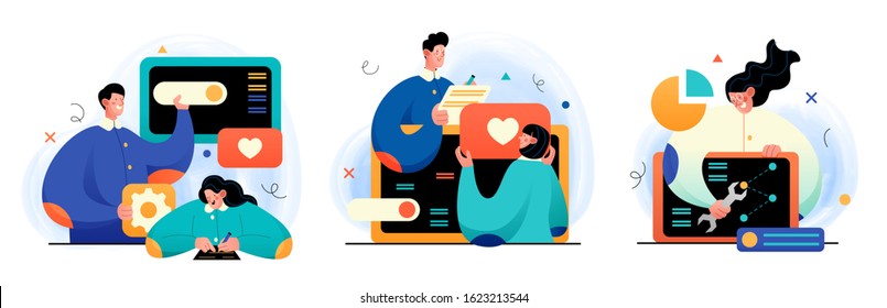 Design and Development illustrations. Collection of concept illustrations with Programmers and designers working in a company office. Perfect for web design, banner, mobile app, landing page.