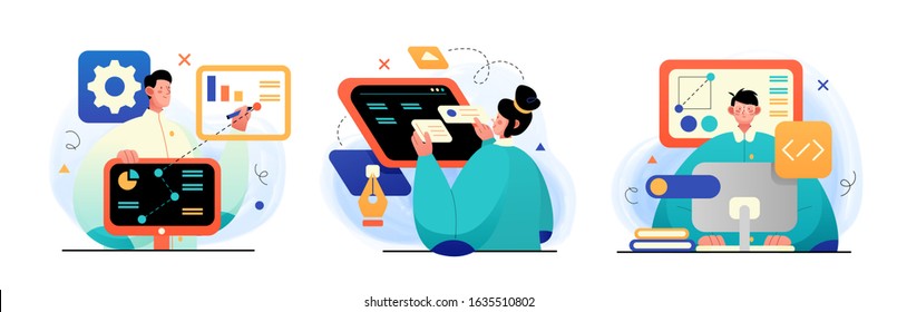 Design and Development illustrations. Collection of concept illustrations with Programmers and designers working in a company office. Perfect for web design, banner, mobile app, landing page.