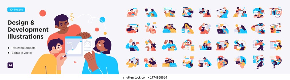 Design and Development illustrations. Mega set. Collection of scenes with men and women involved in software or web development. Trendy vector style