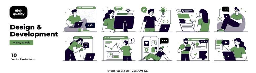 Design and Development illustrations. Mega set. Collection of scenes with men and women involved in software or web development. Vector Illustration