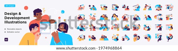 Design and Development illustrations. Mega\
set. Collection of scenes with men and women involved in software\
or web development. Trendy vector\
style