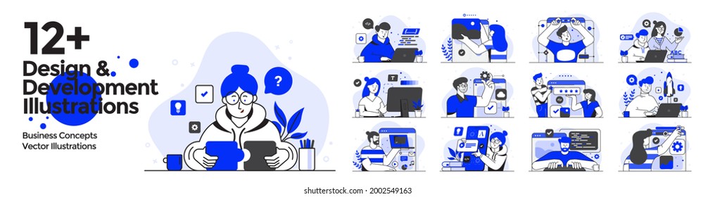 Design and Development illustrations set. Collection of business situations with men and women taking part in business activities. Modern trendy concepts for web sites and mobile web sites. Vector