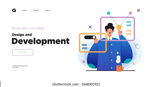 Design and Development. Landing page template with Programmer or designer working in a company office. Website design