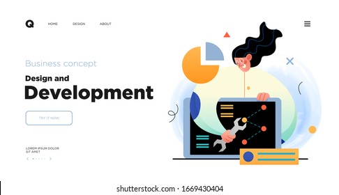 Design and Development. Landing page template with Programmer or designer working in a company office. Website design