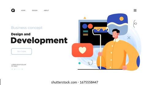 Design and Development. Landing page template with Programmer or designer working in a company office. Website design