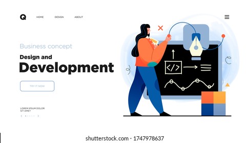 Design and Development. Landing page template with Programmer or designer working in a company office. Website design