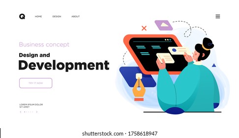 Design and Development. Landing page template with Programmer or designer working in a company office. Website design