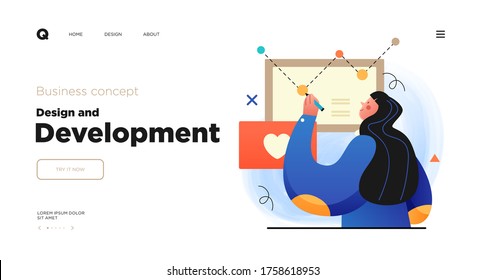 Design and Development. Landing page template with Programmer or designer working in a company office. Website design