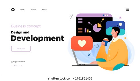 Design and Development. Landing page template with Programmer or designer working in a company office. Website design