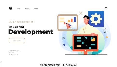 Design and Development. Landing page template with Programmer or designer working in a company office. Website design