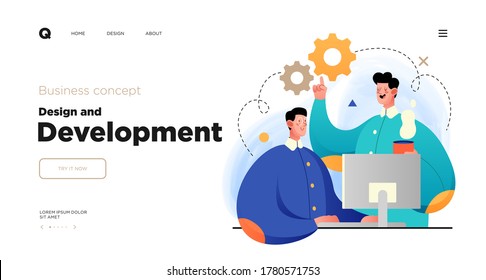 Design and Development. Landing page template with Programmers or designers working in a company office. Website design