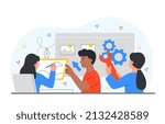 Design and Development. Men and girls create page interface, site on Internet. Programmers write code, template or layout. Colleagues and coworking, teamwork. Cartoon flat vector illustration