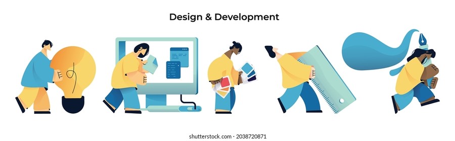 design development process work concept set collection illustrations with brainstorming idea, research, measuring, and business strategy for presentation slide templates or landing page websites