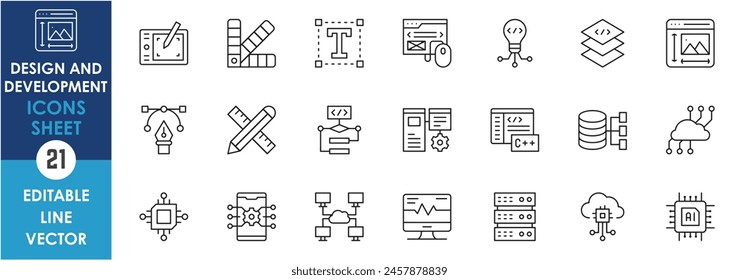 Design und Entwicklung bezogene Symbole gesetzt. Lineares Icon-Blatt mit Grafikdesign- und Web-Entwicklungssymbolen.