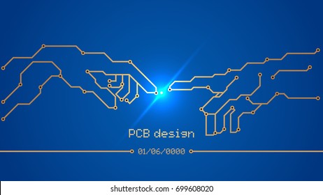 Design, development, and restoration of Printed Circuit Boards. Blue printed circuit Board - pcb, conductors and contact pads in the form of the painting "birth of Adam". electronics art, VECTOR