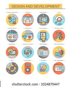 Design and development. Set of flat, vector icons. Seth has such icons as development, web design, programming.