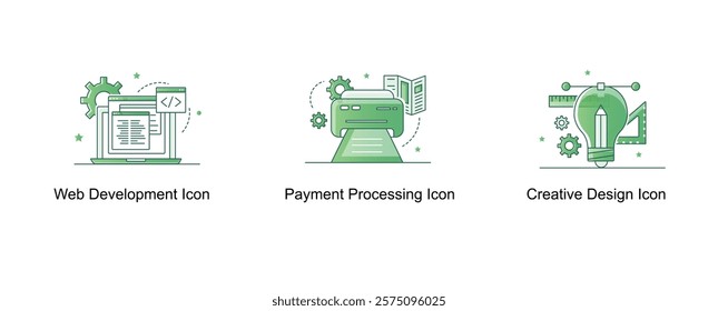 Design and Development Solutions. Web Development Icon, Creative Design Icon, Payment Processing Icon