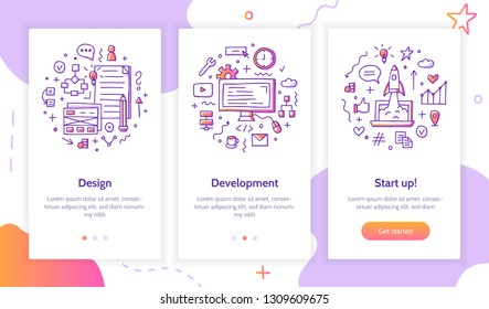 Design, development and startup. Onboarding template for smartphone and tablet screens. Website concept. Vector illustration. Doodle style. 