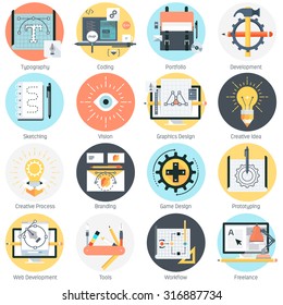 Design and development theme, flat style, colorful, vector icon set for info graphics, websites, mobile and print media.