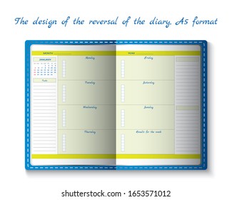 Design of the diary spread, A5 format. Notepad for personal use by a man or woman. Convenient scheduler with calendar