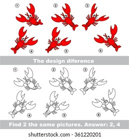 The design difference.  Vector visual game. Task and answer. Find two similar Lobsters