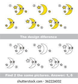 The design difference.  Vector visual game. Task and answer. Find two similar Moons