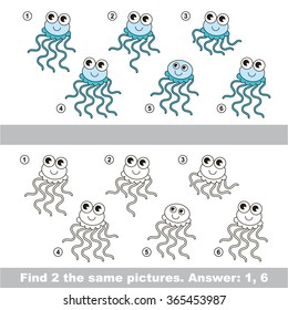 The design difference.  Vector visual game. Task and answer. Find two similar Jellyfish